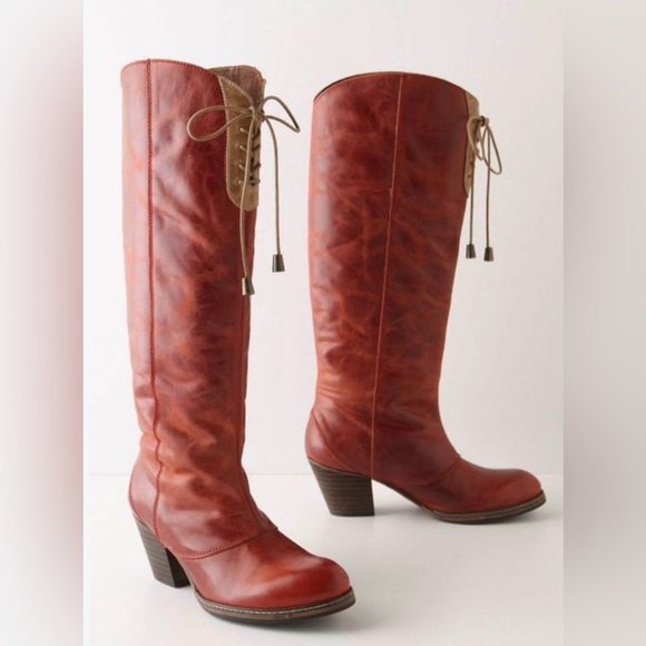 Anthropologie Shoes - Anthropologie Holding Horses red leather high knee boots front tie sz 39